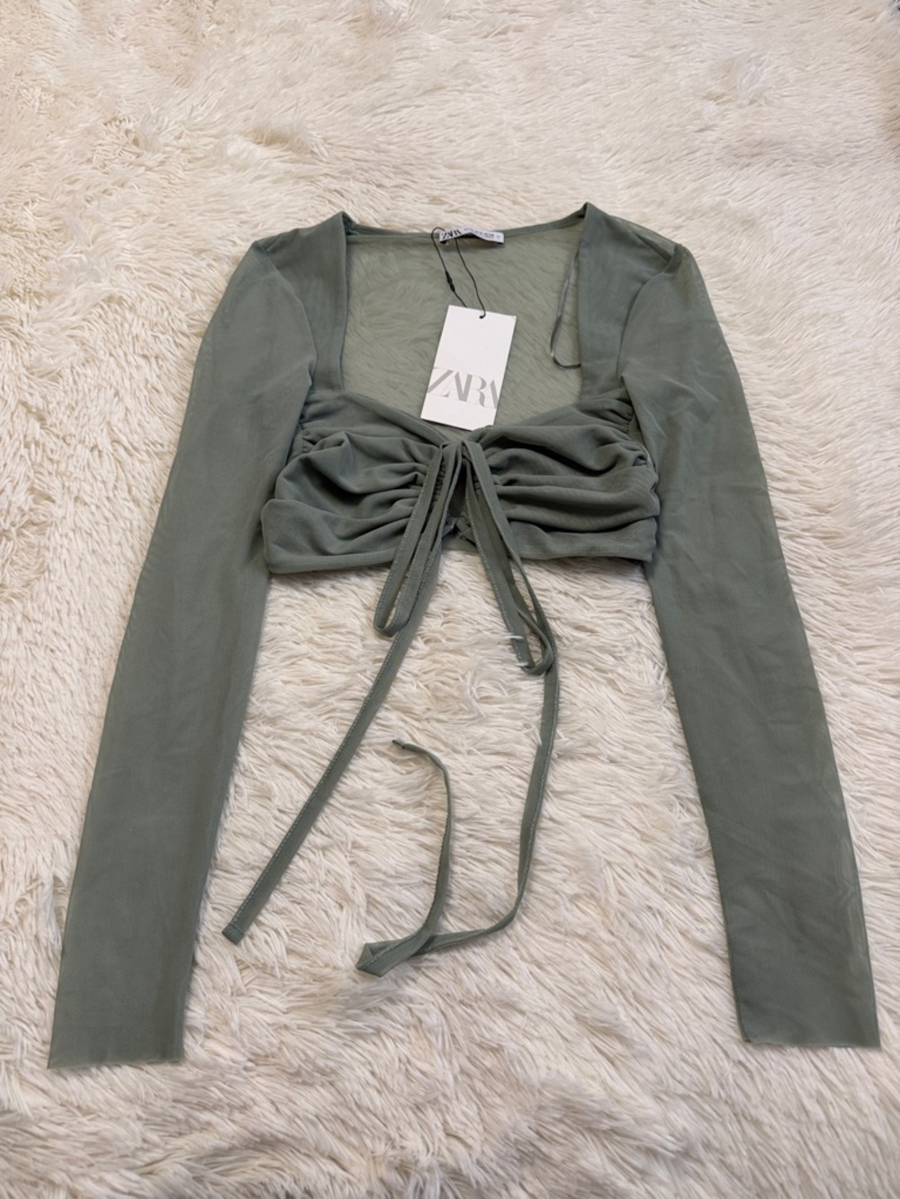 Zara Olive Ruched Tie-Front Long Sleeve Crop Top